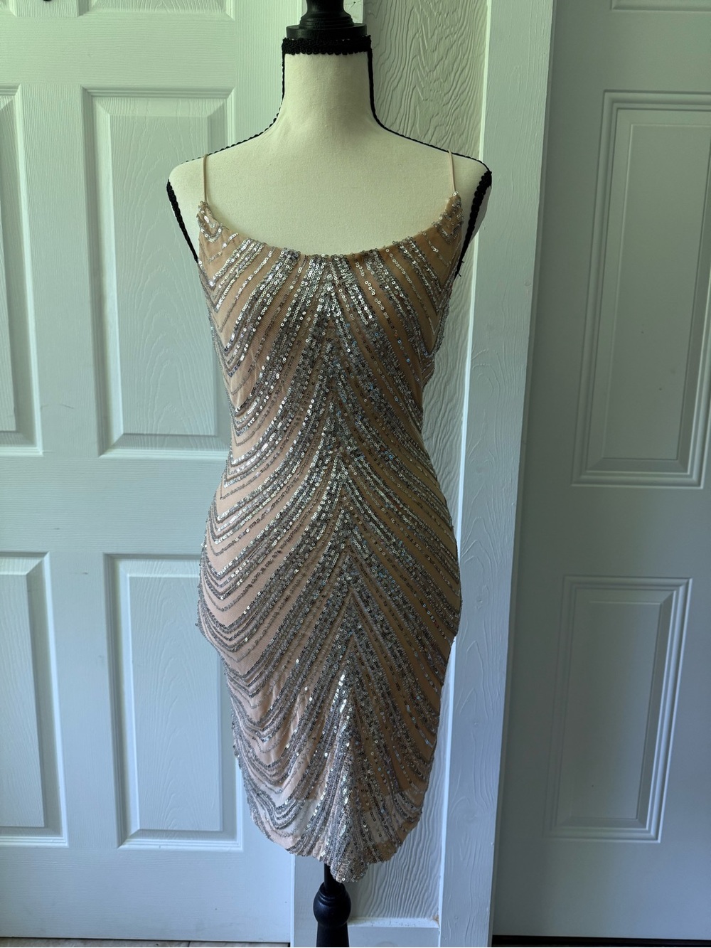 B Darlin Nude Sequin Chevron Mini Dress